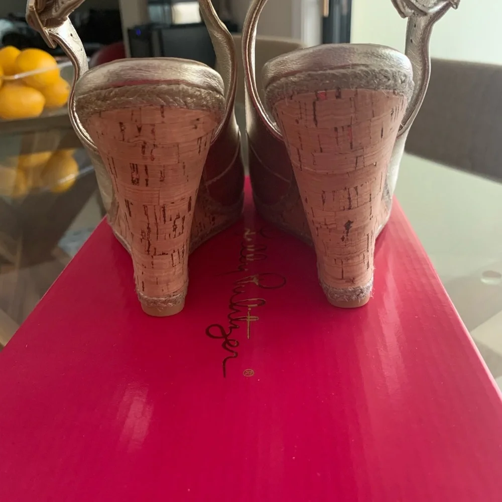 Lilly Pulitzer Metallic Rose Gold Wedge Sandals